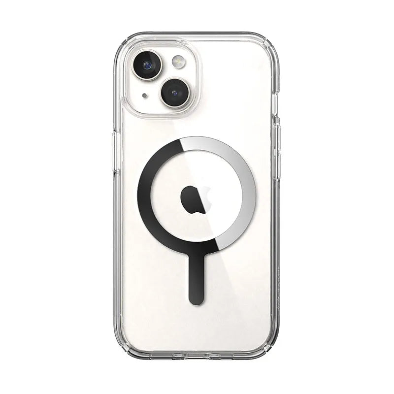 Speck Presidio Perfect-Clear MagSafe – dėklas iPhone 17e / 16e / 15 / 14 / 13 (Skaidrus / Chromuota apdaila / Serene Silver)