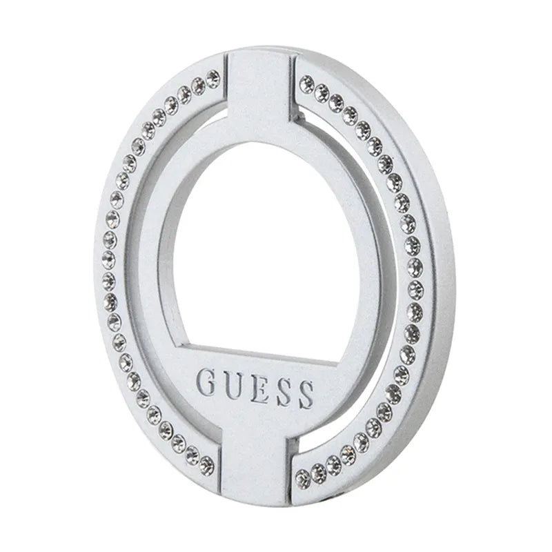 Guess MagSafe Ring Stand Rhinestone – magnetinis telefono žiedas-laikiklis su stovo funkcija (sidabrinis)