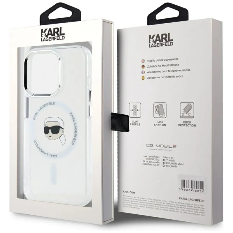 Karl Lagerfeld IML Metal Karl Head MagSafe – dėklas iPhone 15 Pro Max (baltas)