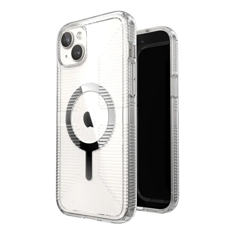 Speck Gemshell Grip + MagSafe – dėklas iPhone 15 Plus / iPhone 14 Plus (Skaidrus / Chromuota apdaila)