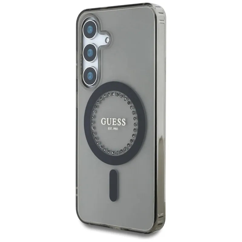 Guess Rhinestones Printed Classic Logo MagSafe – dėklas Samsung Galaxy S25 telefonui (juodas)