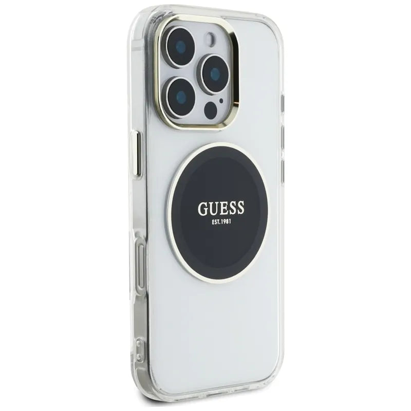 Guess IML Metal Colored Circle Classic Logo MagSafe – dėklas skirtas iPhone 16 Pro (juodas)