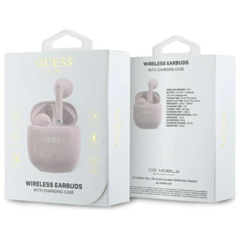 Guess Printed Classic Logo – Bluetooth TWS ausinės + įkrovimo dėklas (rožinės)
