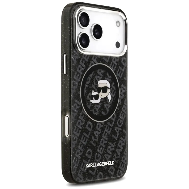Karl Lagerfeld IML Glitter Karl & Choupette Heads Logo MagSafe – dėklas iPhone 17 Pro Max (juodas)