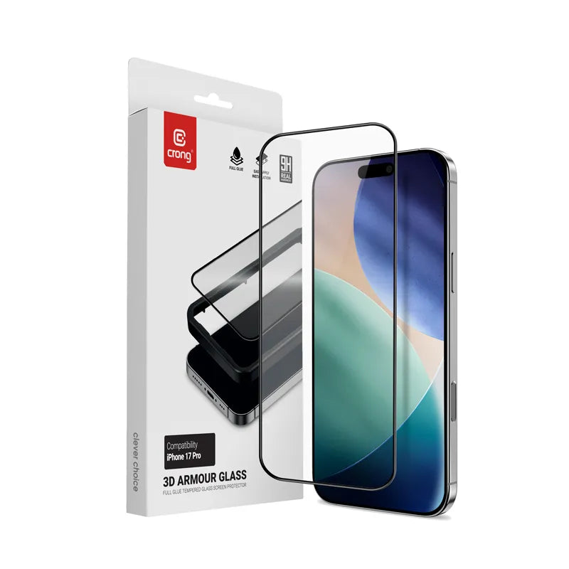 Crong 3D Armor Glass – Grūdintas stiklas iPhone 17 Pro + montavimo rėmelis