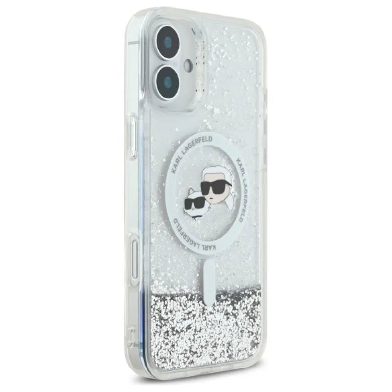 Karl Lagerfeld Liquid Glitter Karl & Choupette Head MagSafe – dėklas iPhone 16 (skaidrus)