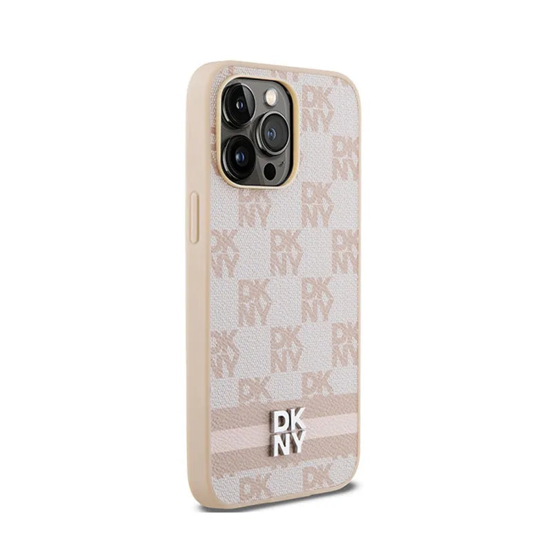 DKNY Leather Checkered Mono Pattern & Printed Stripes – dėklas iPhone 14 Pro Max (rožinis)