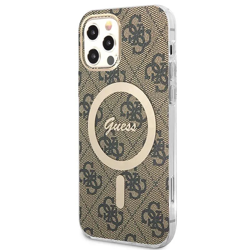 Guess Bundle Pack MagSafe 4G – dėklo „iPhone 12 / iPhone 12 Pro“ + „MagSafe“ įkroviklio rinkinys (ruda/auksinė)
