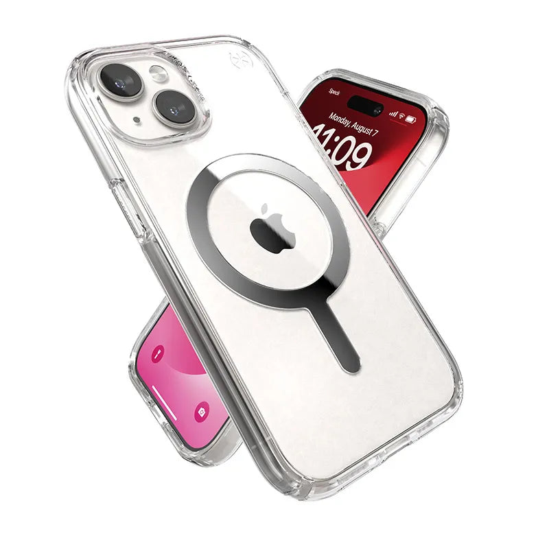 Speck Presidio Perfect-Clear MagSafe – dėklas iPhone 17e / 16e / 15 / 14 / 13 (Skaidrus / Chromuota apdaila / Serene Silver)