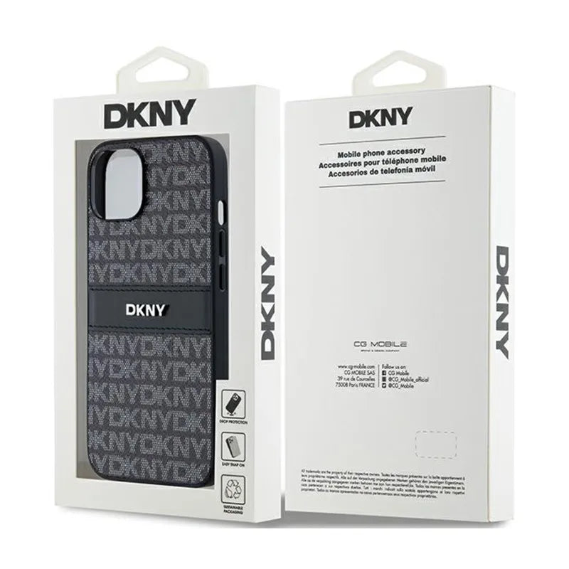 DKNY Leather Mono Stripe & Metal Logo – dėklas iPhone 14 / 15 / 13 (juodas)