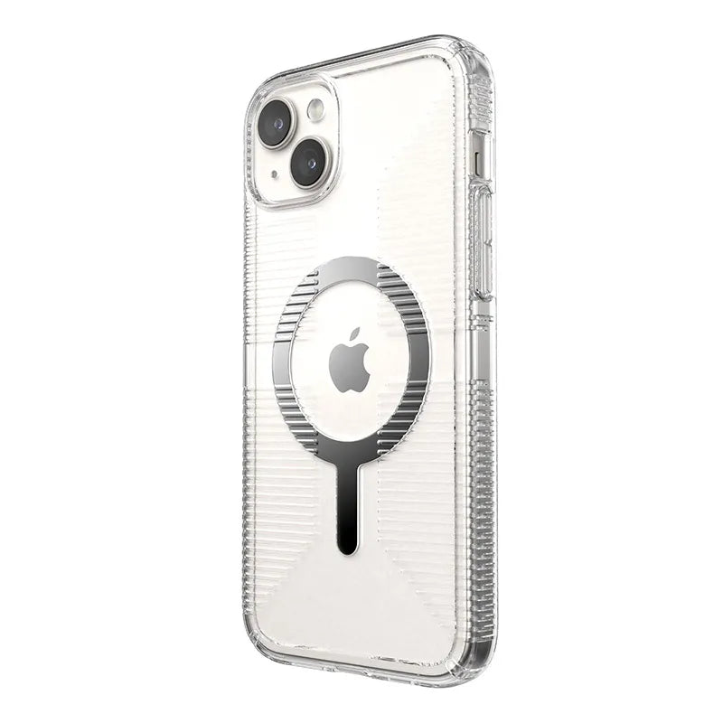 Speck Gemshell Grip + MagSafe – dėklas iPhone 15 Plus / iPhone 14 Plus (Skaidrus / Chromuota apdaila)