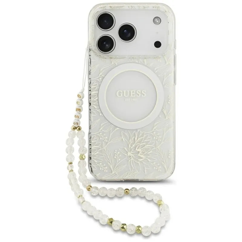 „Guess IML Flowers Electro Pearl Strap MagSafe“ – dėklas „iPhone 17 Pro“ (baltas)