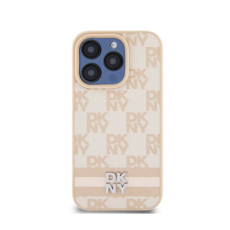 DKNY Leather Checkered Mono Pattern & Printed Stripes – Dėklas iPhone 15 Pro Max (rožinis)