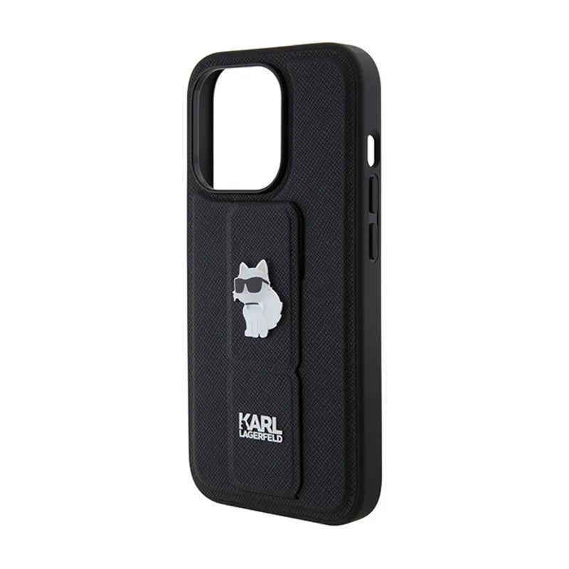 Karl Lagerfeld Gripstand Saffiano Choupette Pins – dėklas iPhone 15 Pro Max telefonui (juodas)