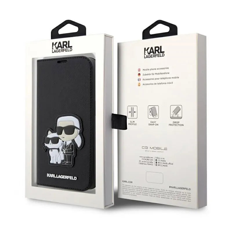 Karl Lagerfeld Booktype NFT Saffiano Karl & Choupette - dėklas telefonui 14 Pro (juodas)
