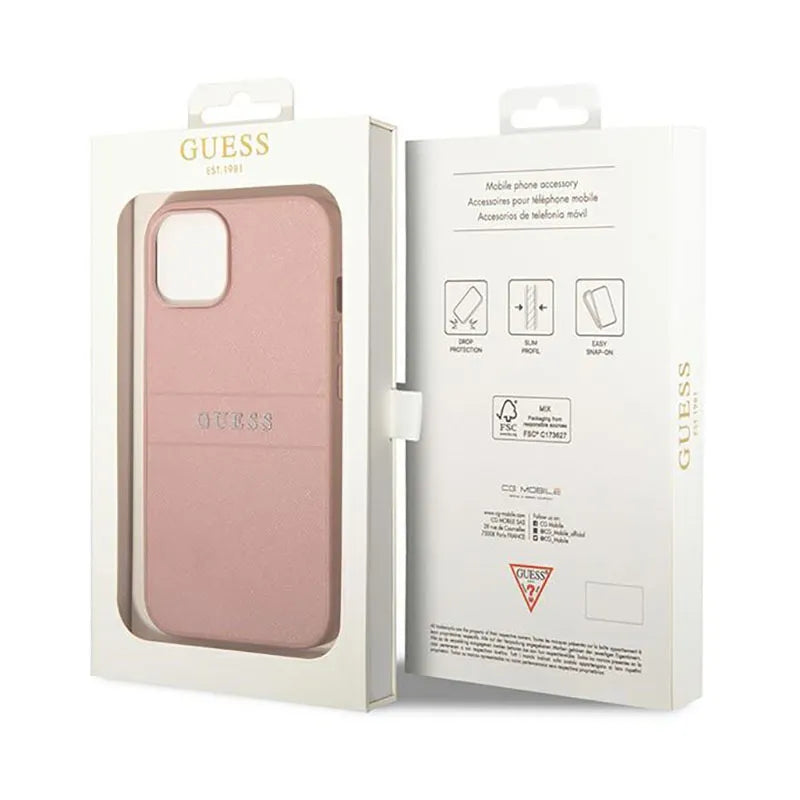 Guess Saffiano Metal Logo Stripes – Dėklas iPhone 14 Plus (rožinis)