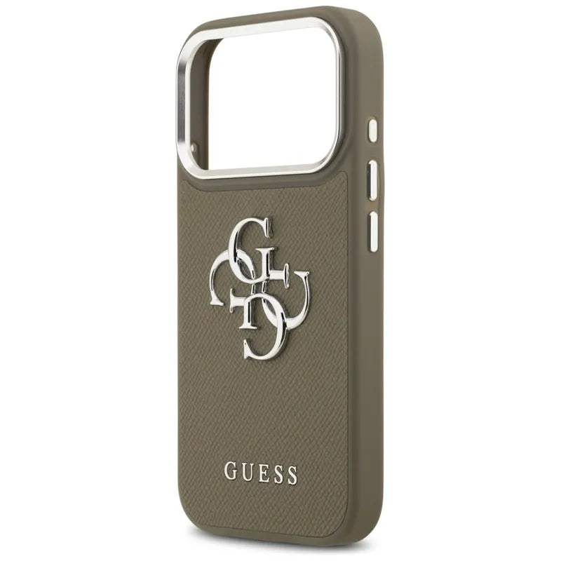 Guess Grained Big 4G Classic Logo – dėklas, skirtas iPhone 17 Pro (rudas)