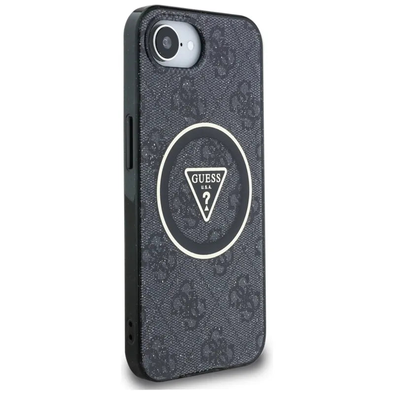Guess IML Metal Glitter 4G Circle Triangle MagSafe – dėklas iPhone 16e telefonui (juodas)
