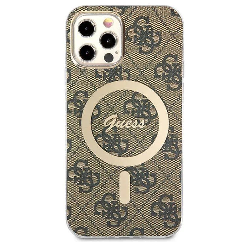 Guess Bundle Pack MagSafe 4G – dėklo „iPhone 12 / iPhone 12 Pro“ + „MagSafe“ įkroviklio rinkinys (ruda/auksinė)