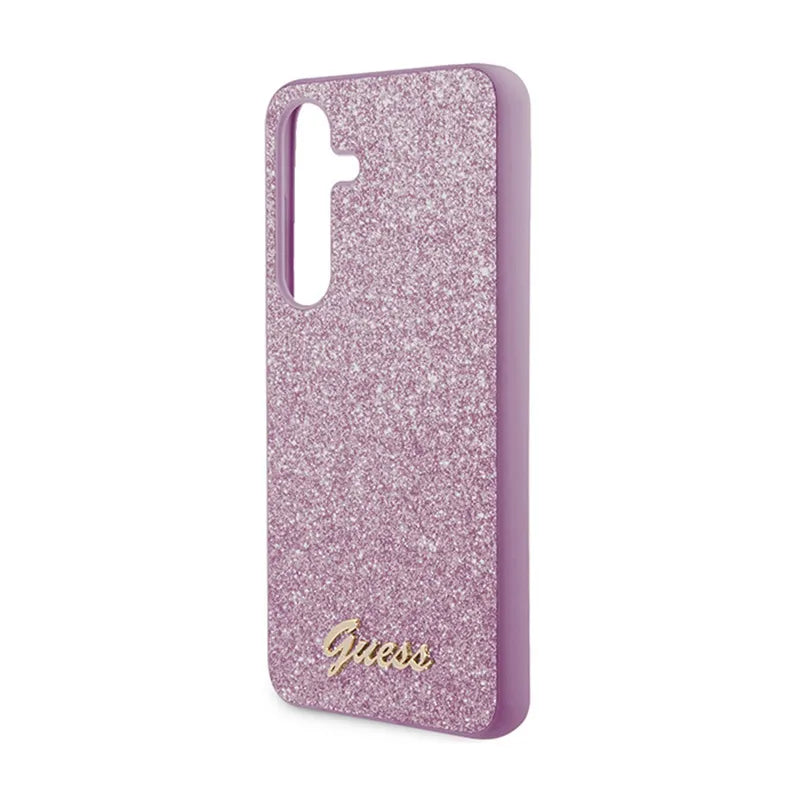 Guess Glitter Flakes Metal Logo dėklas - Dėklas skirtas Samsung Galaxy S24 (Violetinis)