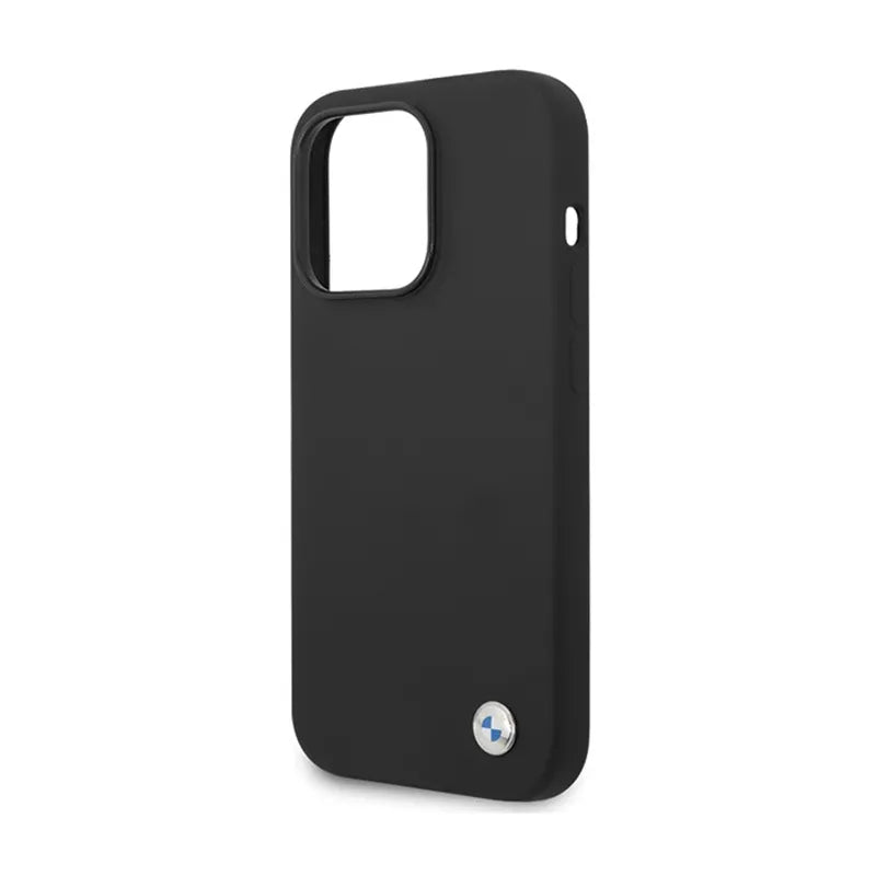 BMW Silicone Metal Logo – dėklas iPhone 15 Pro (juodas)