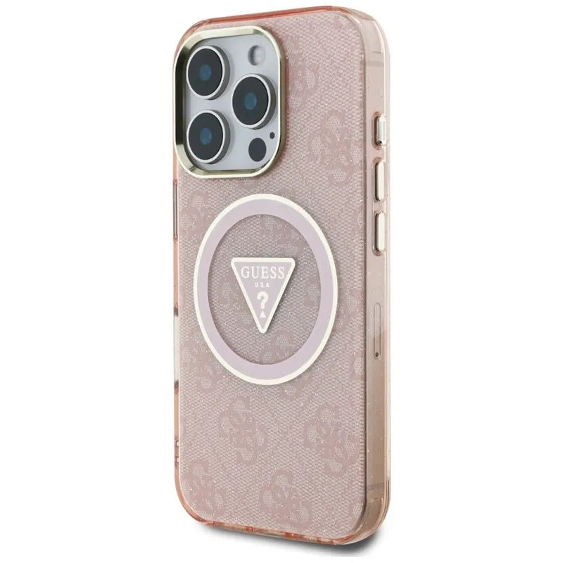 Guess IML Metal Glitter 4G Circle Triangle MagSafe – Dėklas iPhone 16 Pro (rožinis)