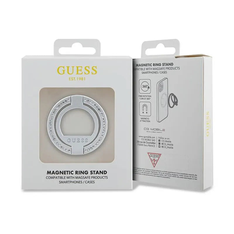 Guess MagSafe Ring Stand Rhinestone – magnetinis telefono žiedas-laikiklis su stovo funkcija (sidabrinis)