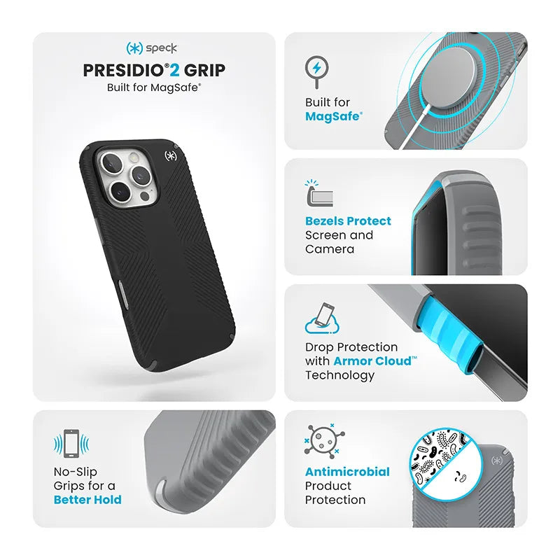 Speck Presidio2 Grip - iPhone 16 Pro dėklas (juoda / Slate Gray / balta)