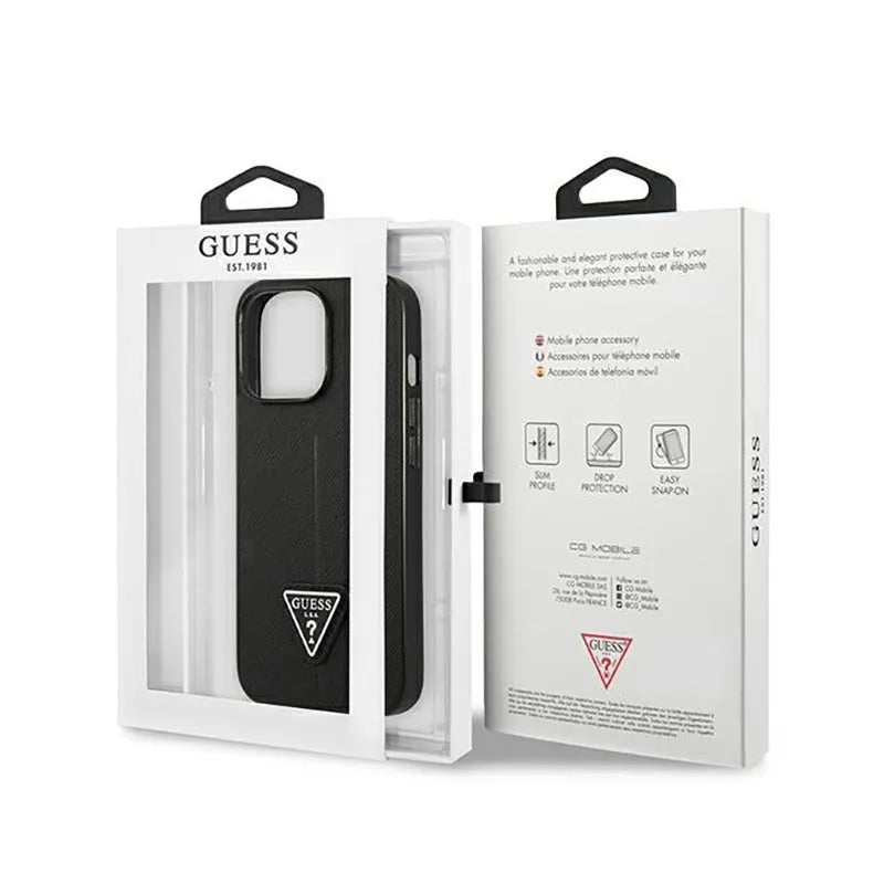 Dėklas „Guess Saffiano Triangle Logo“ – dėklas „iPhone 14 Pro“ telefonui (juodas)