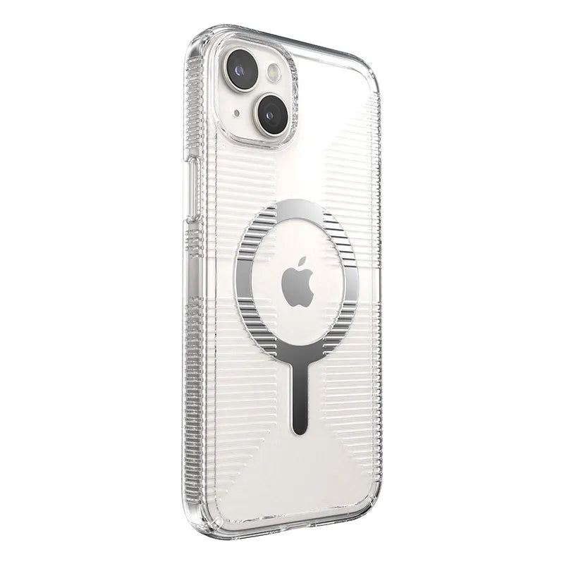 Speck Gemshell Grip + MagSafe – dėklas iPhone 15 Plus / iPhone 14 Plus (Skaidrus / Chromuota apdaila)