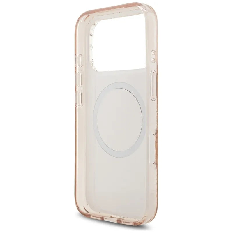 Guess IML Flowers Electro Pearl Strap MagSafe – dėklas iPhone 17 Pro (rožinis)