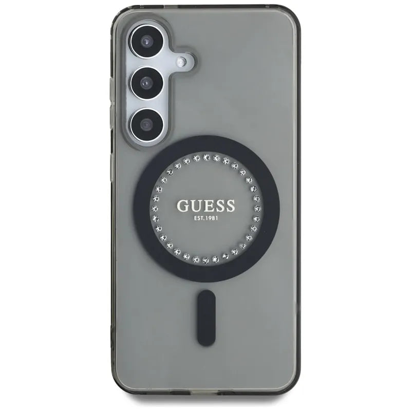 Guess Rhinestones Printed Classic Logo MagSafe – dėklas Samsung Galaxy S25 telefonui (juodas)