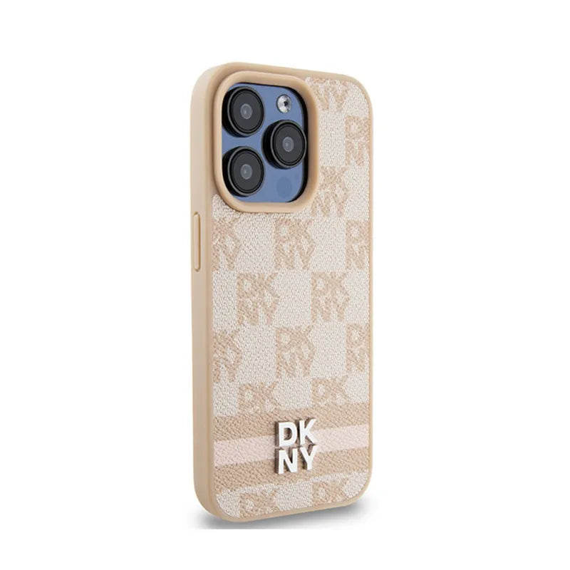 DKNY Leather Checkered Mono Pattern & Printed Stripes – Dėklas iPhone 15 Pro Max (rožinis)