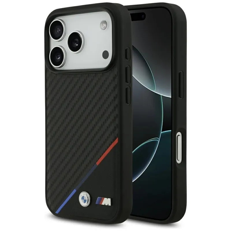 BMW M Carbon Tricolor Line MagSafe – dėklas iPhone 17 Pro (juodas)
