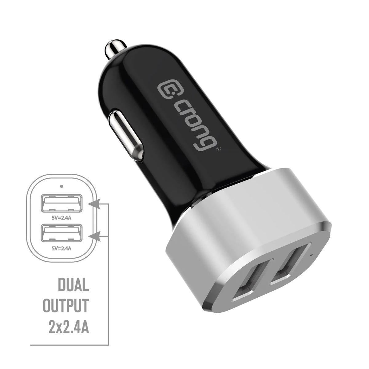 Crong automobilinis įkroviklis 24W – Automobilinis įkroviklis 2xUSB 2.4A (aliuminis)