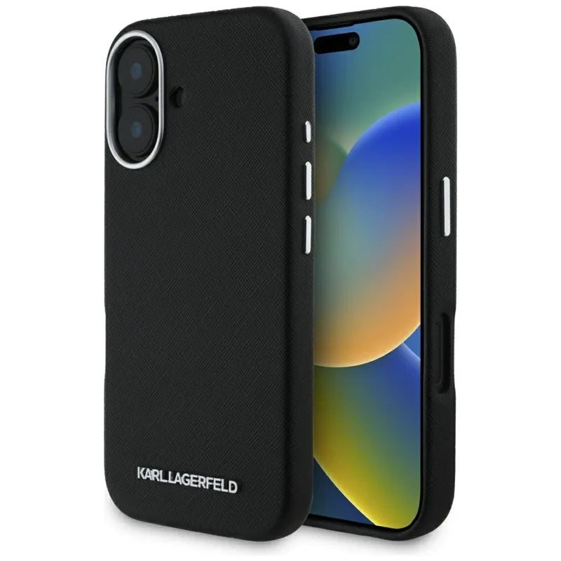 Karl Lagerfeld Saffiano Full Wrapped Elongated Metal Logo MagSafe – dėklas iPhone 16 (juodas)