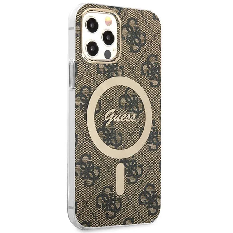 Guess Bundle Pack MagSafe 4G – dėklo „iPhone 12 / iPhone 12 Pro“ + „MagSafe“ įkroviklio rinkinys (ruda/auksinė)