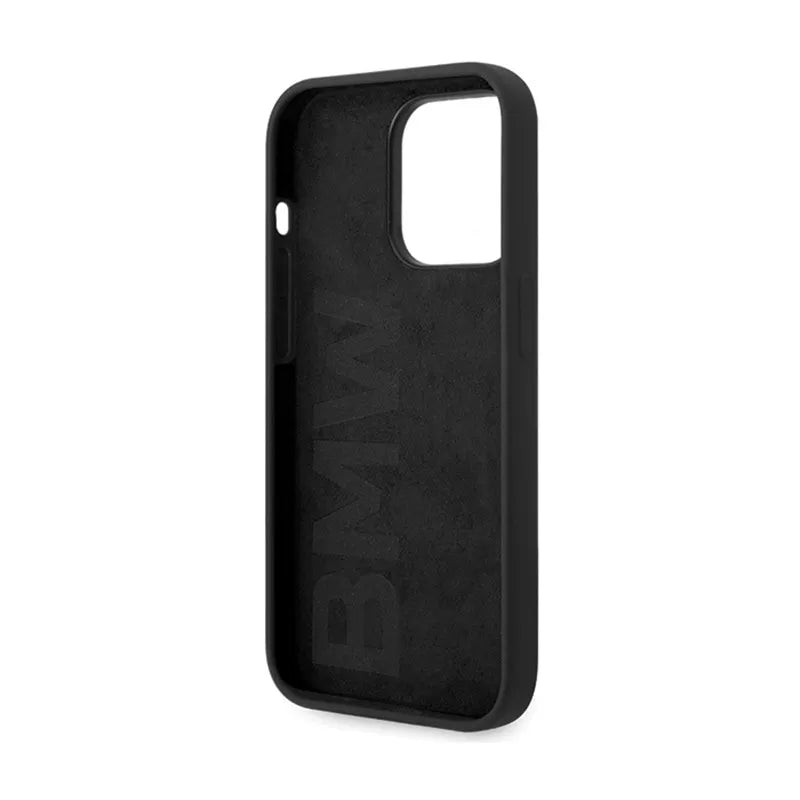 BMW Silicone Metal Logo – dėklas iPhone 15 Pro (juodas)