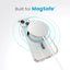 Speck Presidio Perfect-Clear MagSafe – dėklas iPhone 17e / 16e / 15 / 14 / 13 (Skaidrus / Chromuota apdaila / Serene Silver)