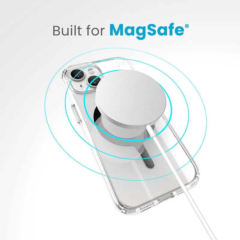 Speck Presidio Perfect-Clear MagSafe – dėklas iPhone 17e / 16e / 15 / 14 / 13 (Skaidrus / Chromuota apdaila / Serene Silver)