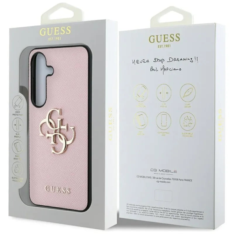 Guess Grained Big 4G Logo Small Classic Logo – dėklas Samsung Galaxy S25 (rožinis)