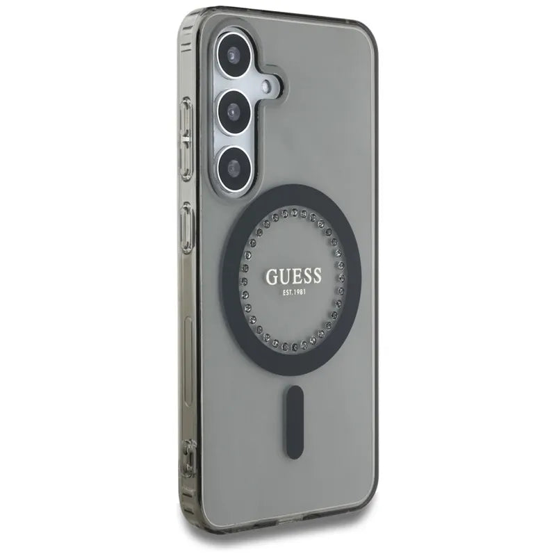 Guess Rhinestones Printed Classic Logo MagSafe – dėklas Samsung Galaxy S25 telefonui (juodas)