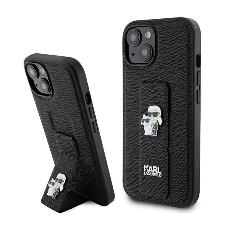 Karl Lagerfeld Gripstand Saffiano Karl & Choupette Pins – dėklas iPhone 15 Plus (juodas)