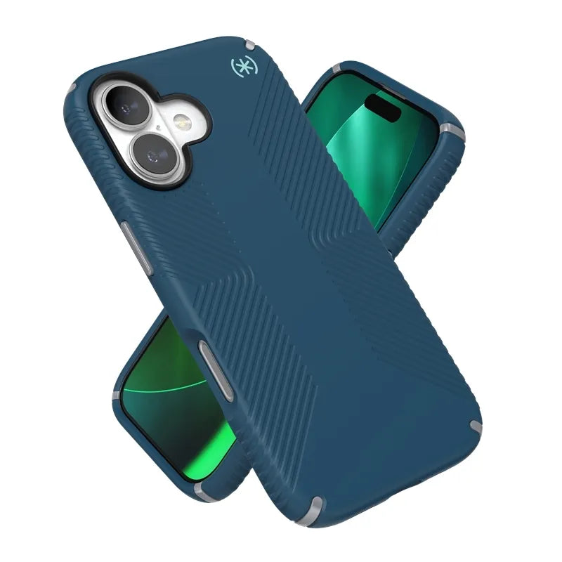 Speck Presidio2 Grip MagSafe – „iPhone 17“ dėklas („Deep Sea“ / sidabrinė metalo spalva)