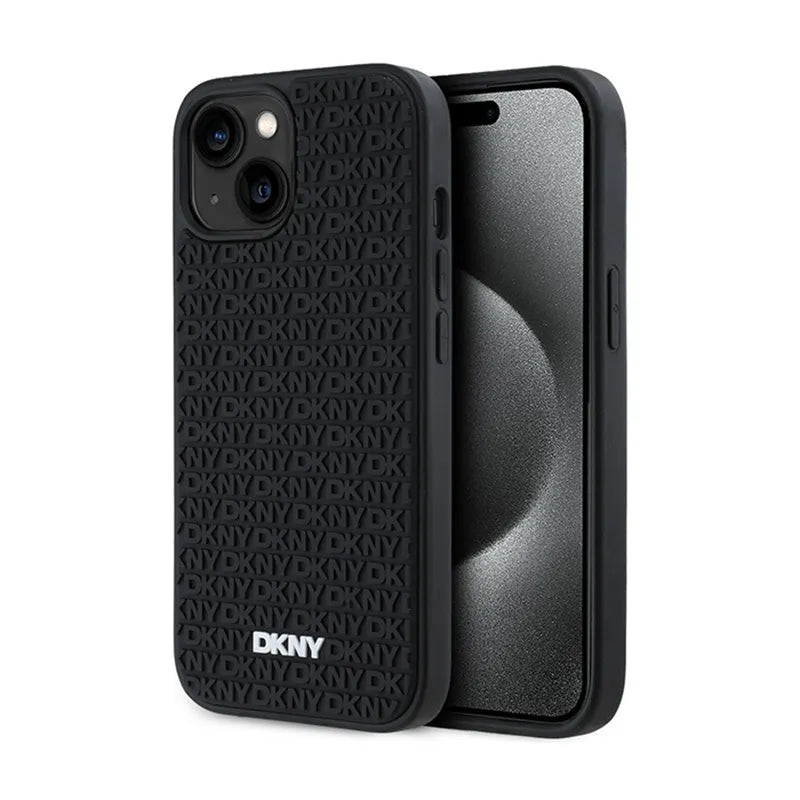 DKNY 3D Rubber Repeat Pattern – dėklas iPhone 15 Plus telefonui (juodas)