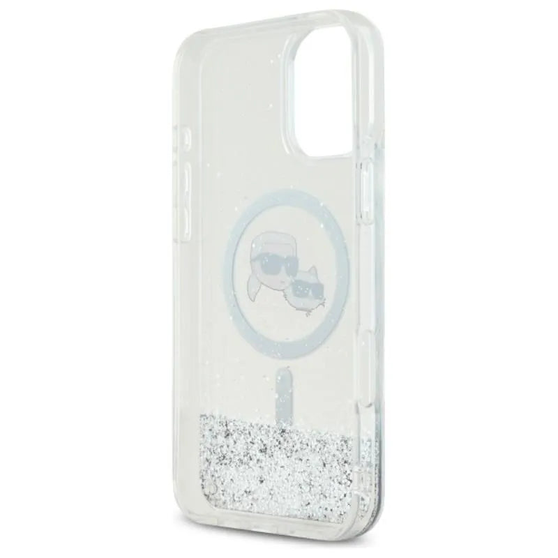 Karl Lagerfeld Liquid Glitter Karl & Choupette Head MagSafe – dėklas iPhone 16 (skaidrus)