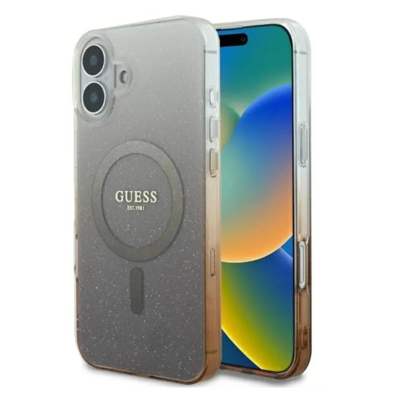 Guess IML Glitter Gradient MagSafe – dėklas iPhone 16 (rudas)