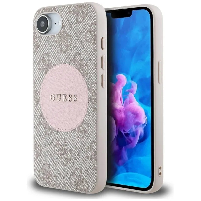 Guess 4G Circle Classic Logo MagSafe – dėklas iPhone 16e (rožinis)