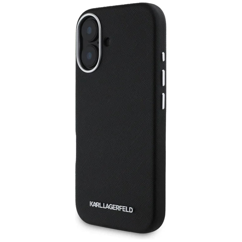 Karl Lagerfeld Saffiano Full Wrapped Elongated Metal Logo MagSafe – dėklas iPhone 16 (juodas)