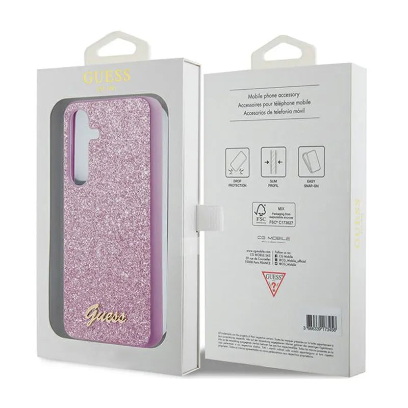 Guess Glitter Flakes Metal Logo dėklas - Dėklas skirtas Samsung Galaxy S24 (Violetinis)